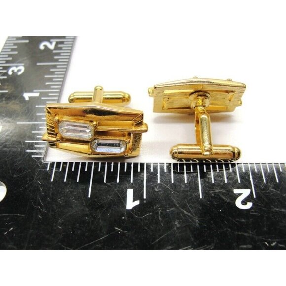 Cufflinks Set w Tie Clasp Gold Tone Emerald Cut Rhinestone Dress Suit Vintage - Picture 5 of 9